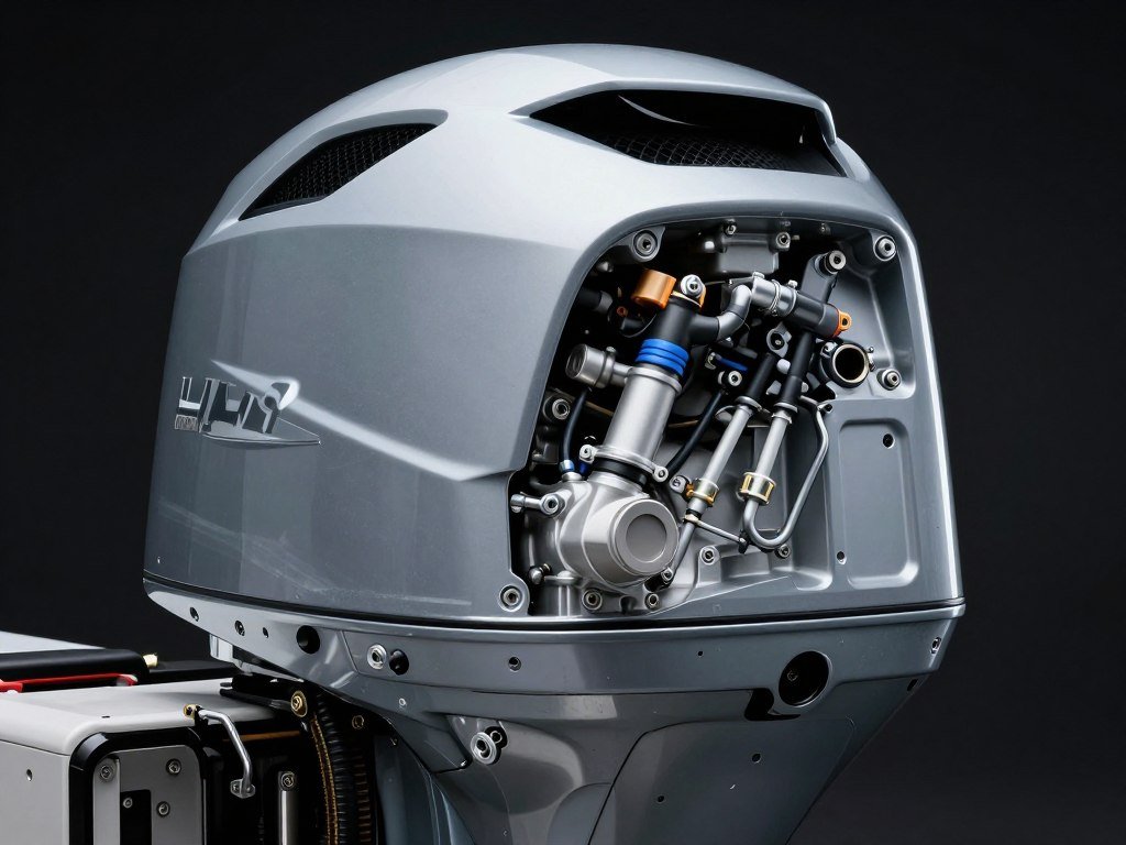 Four-stroke outboard motor close-up showing engine components