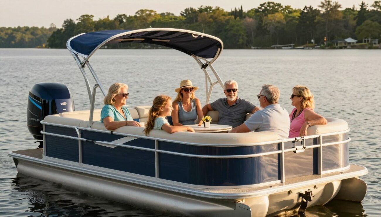 Happy family on pontoon boat with quality outboard motor