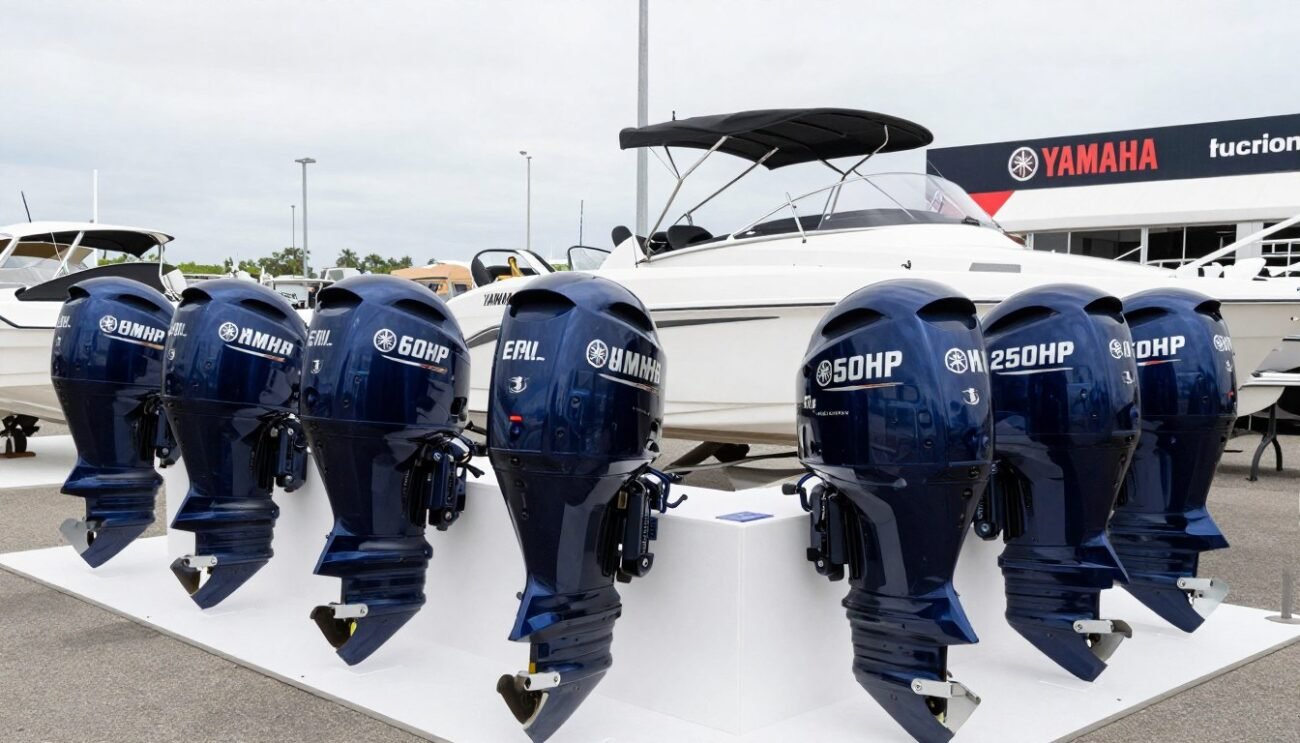Yamaha outboards displayed at boat show with blue engines