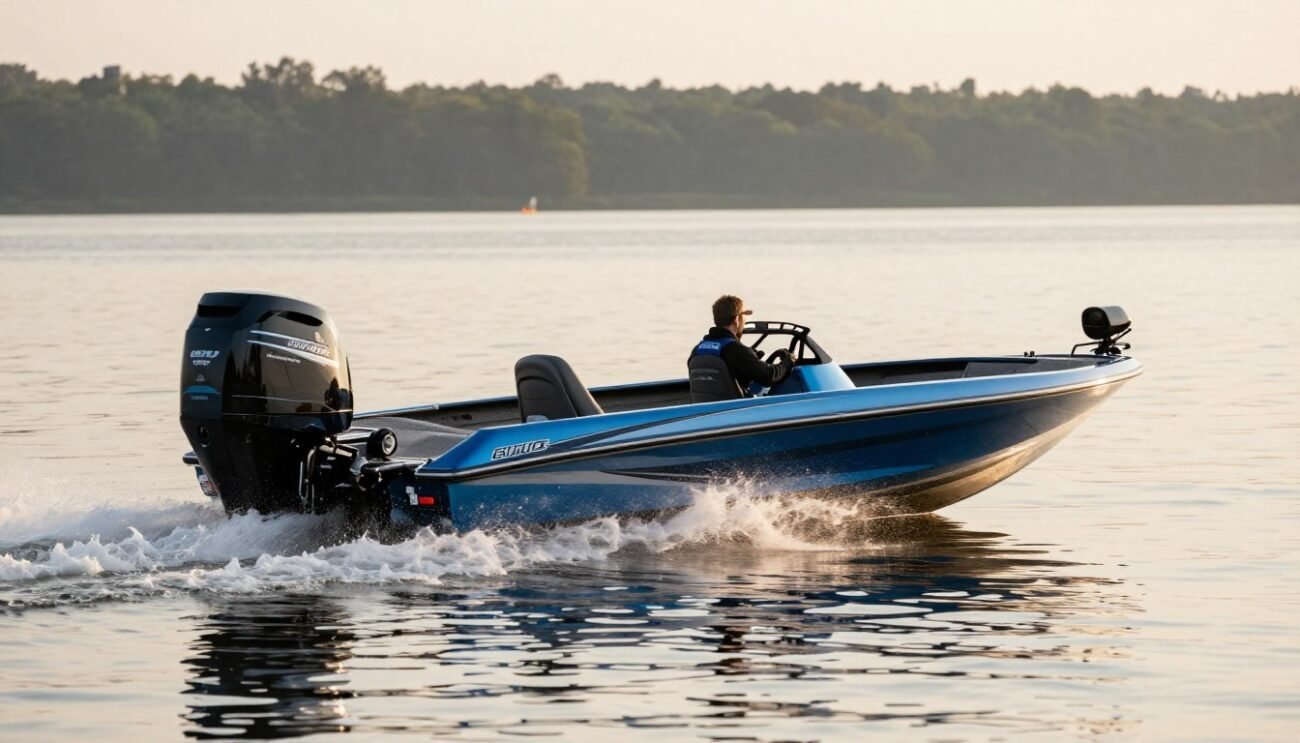 bass boat with outboard motor on lake during fishing tournament