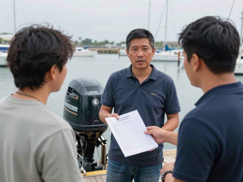 buyer and seller discussing boat motor with documentation