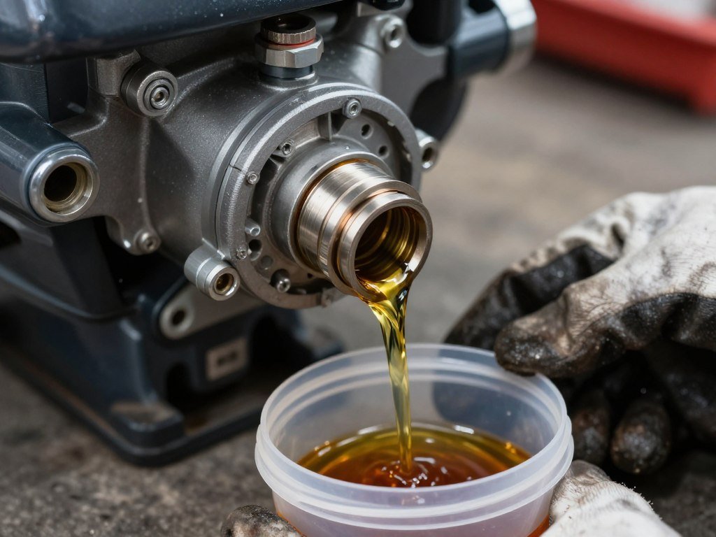 close-up of lower unit inspection showing drain plug and gear oil check