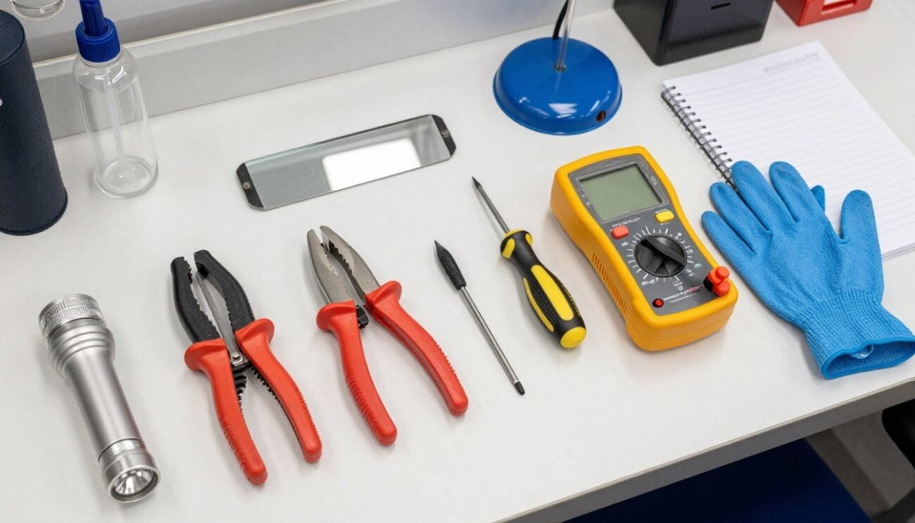 collection of boat motor inspection tools laid out on workbench