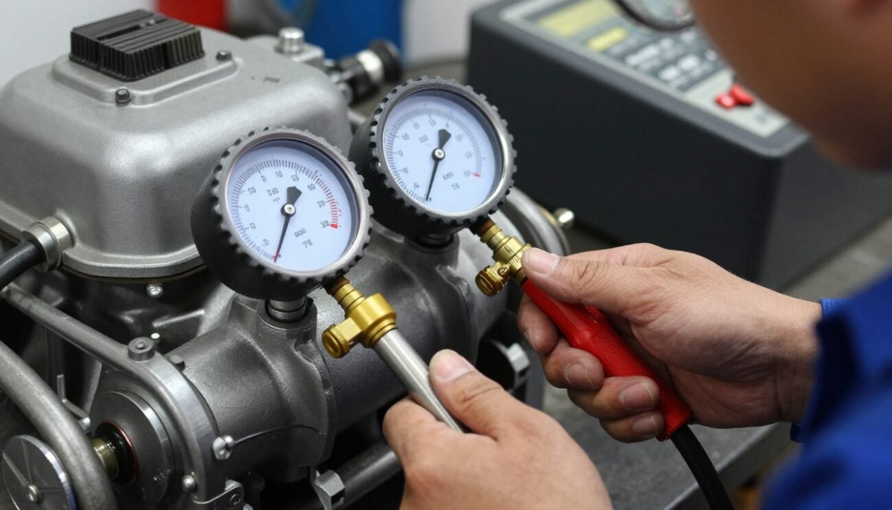 compression tester being used on boat motor cylinder