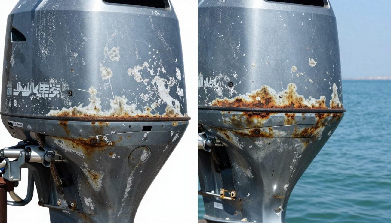 corroded boat motor components showing saltwater damage