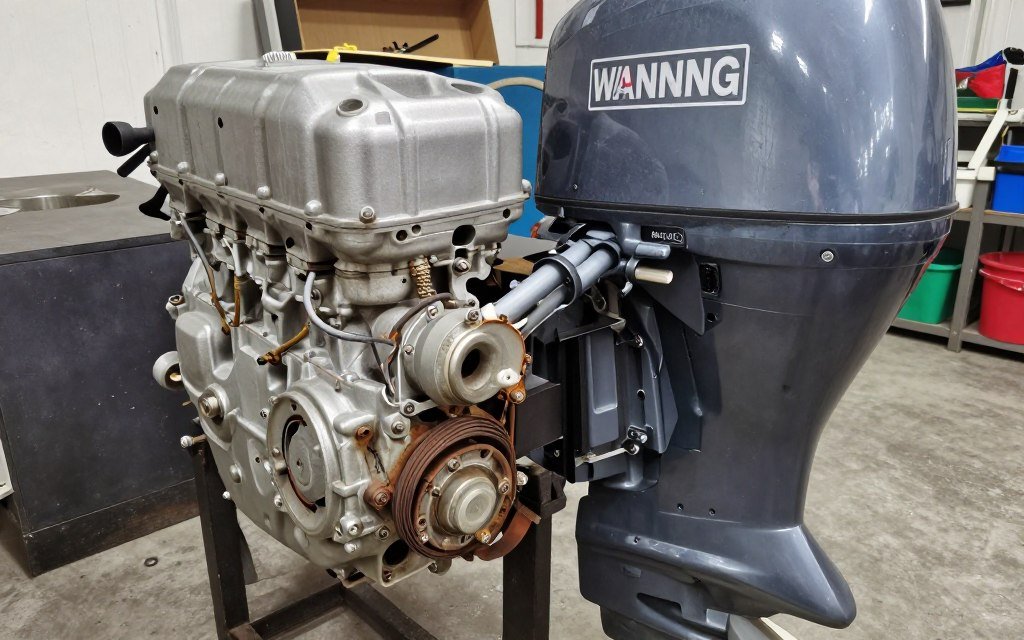 damaged boat motor showing multiple warning signs and problems