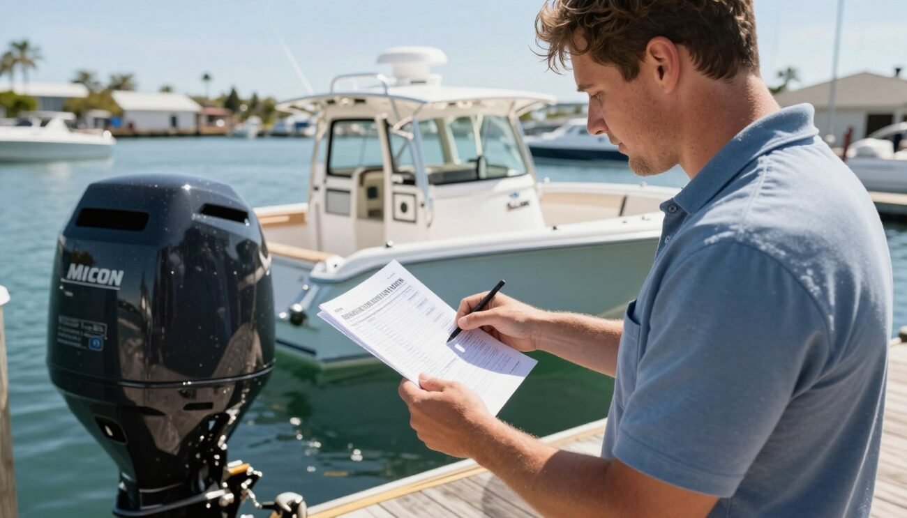 fishing boat owner reading outboard motor manual