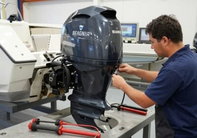 mechanic inspecting a used boat motor on a test stand with tools and equipment