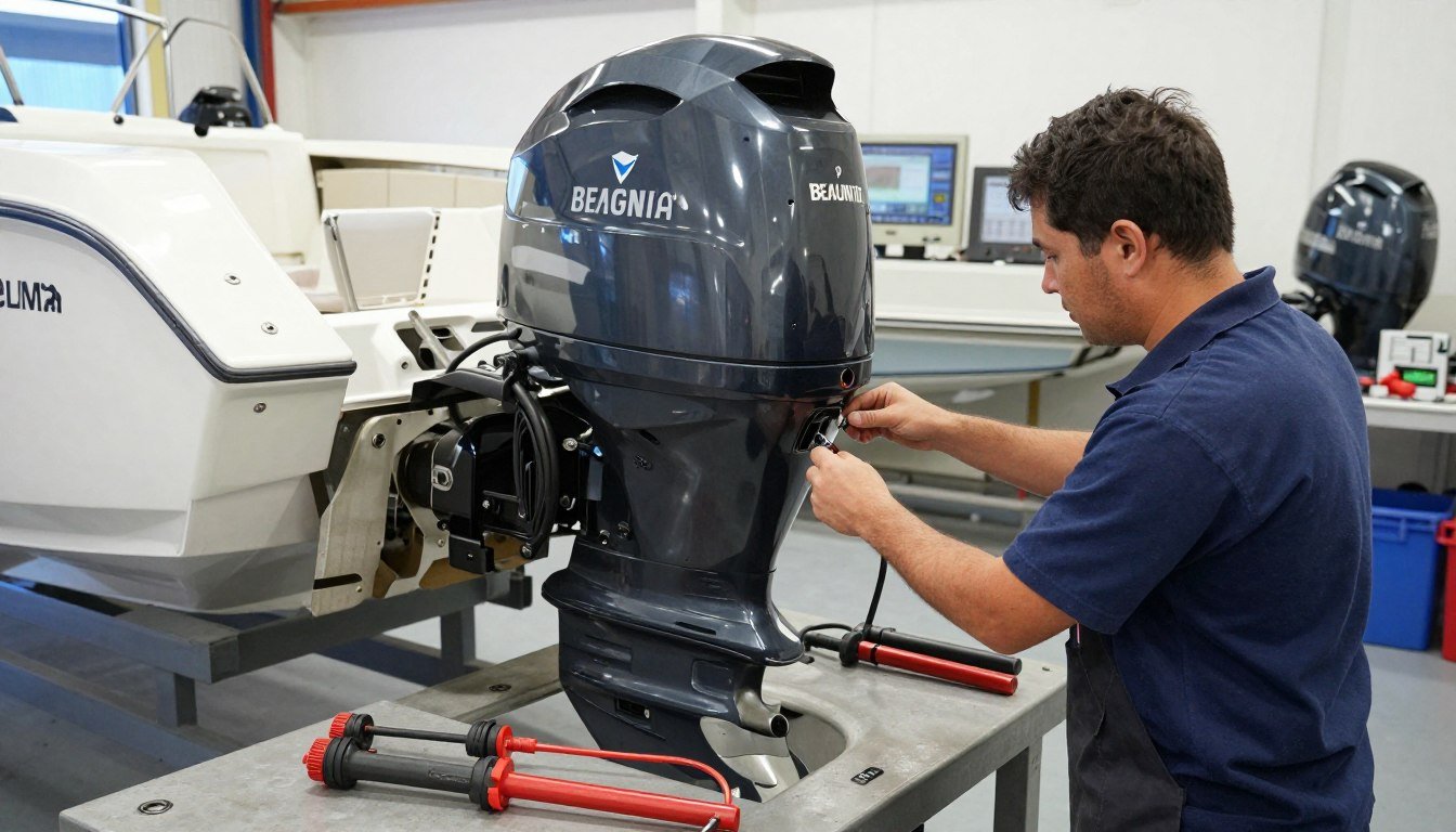 mechanic inspecting a used boat motor on a test stand with tools and equipment