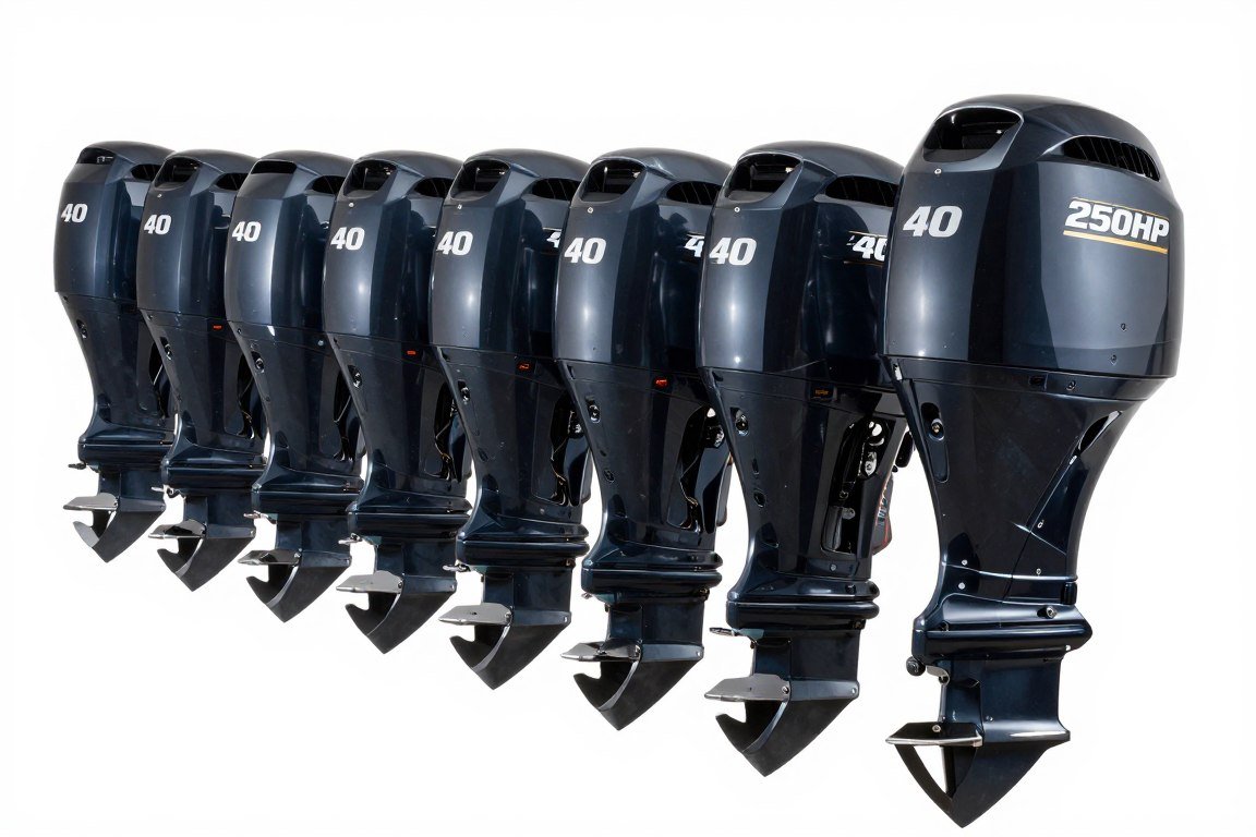 multiple outboard motors showing different horsepower ratings