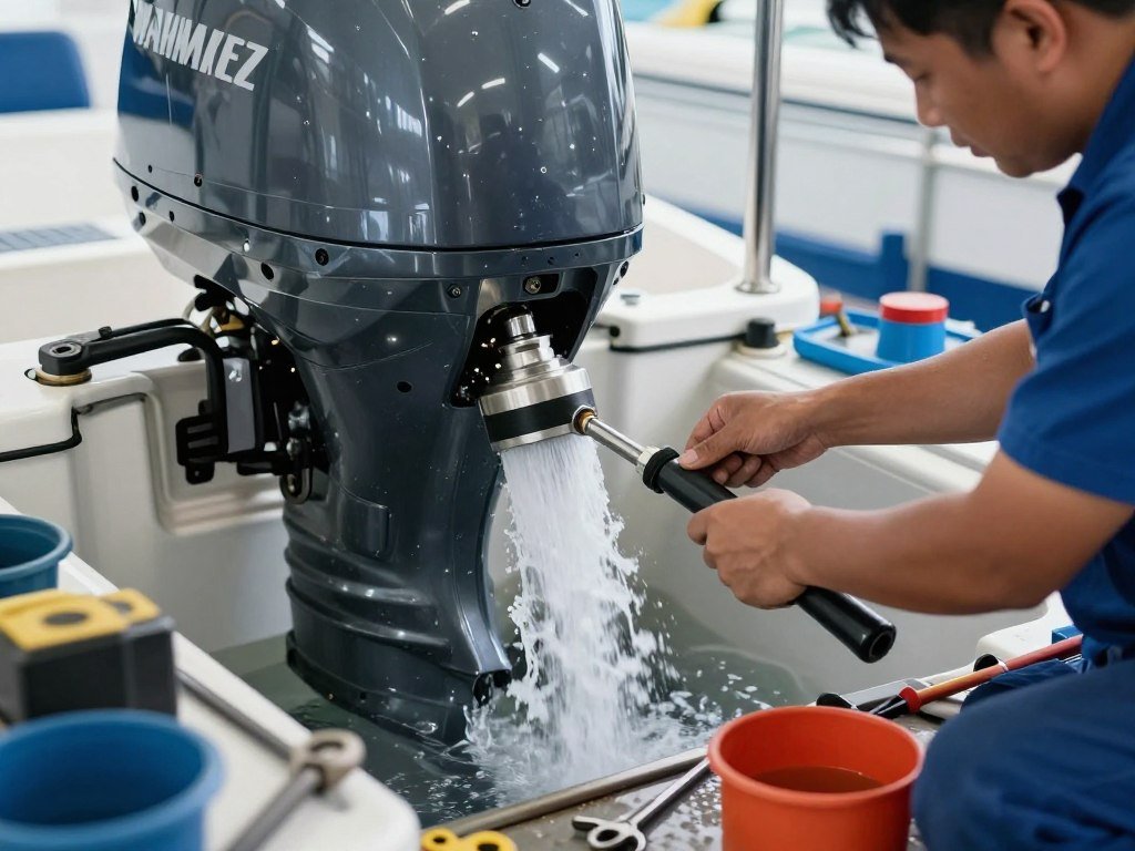 outboard motor maintenance with mechanic flushing engine
