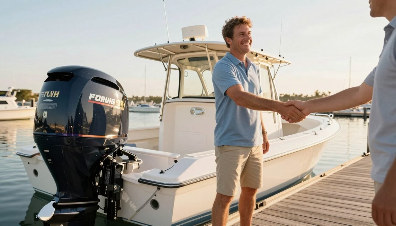 satisfied boat owner with newly purchased used outboard motor