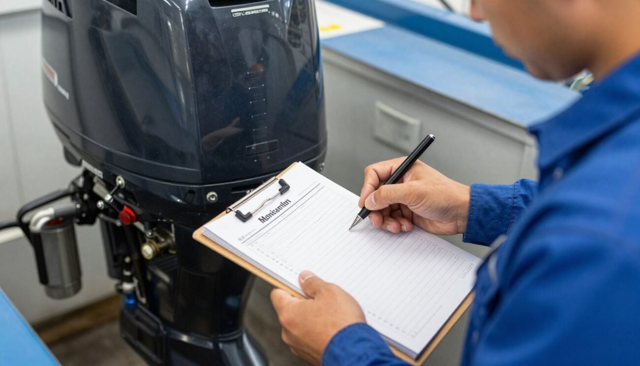 technician performing detailed inspection on outboard motor with checklist
